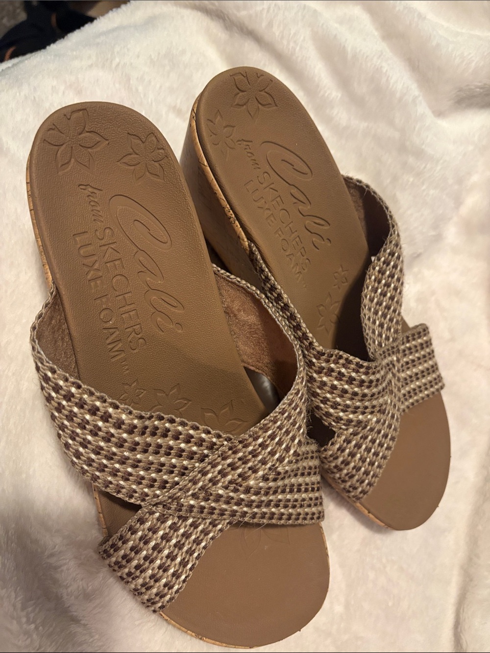 Skechers Cali Brown Woven Crisscross Slide Mules
